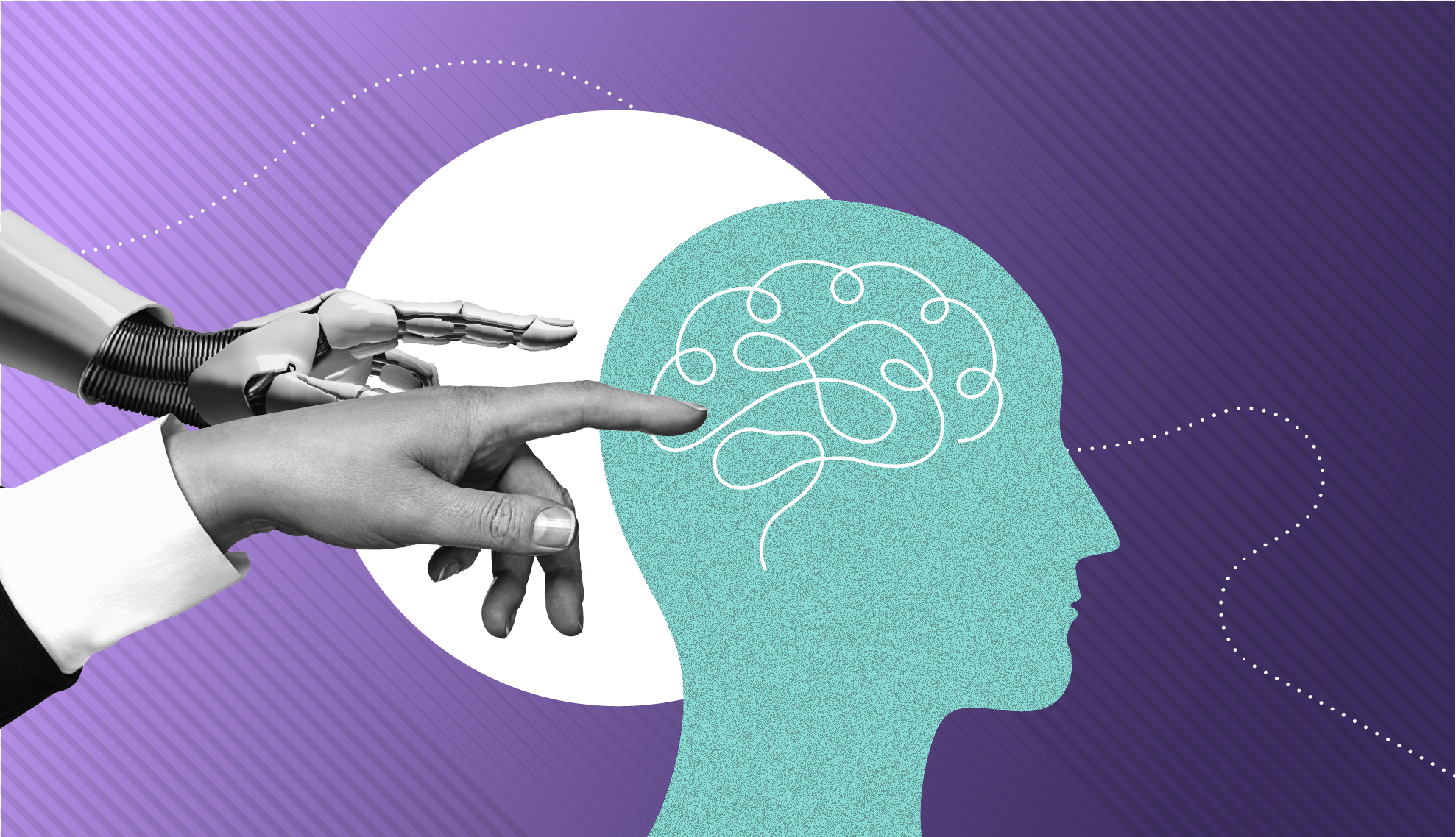 robot and human hand pointing to illustrated brain